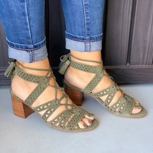 Olive Green Block Heel Ankle Tie Up Tassel Sandal